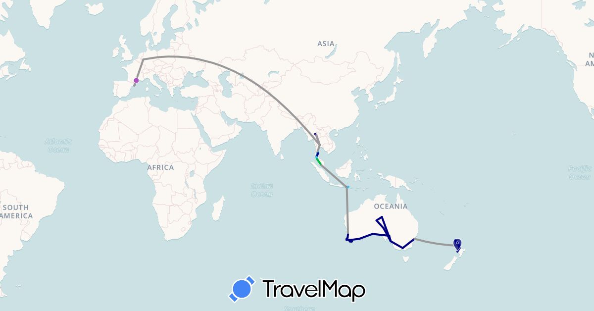 TravelMap itinerary: driving, bus, plane, train, boat, motorbike in Australia, Germany, Spain, France, Indonesia, Malaysia, New Zealand, Thailand (Asia, Europe, Oceania)